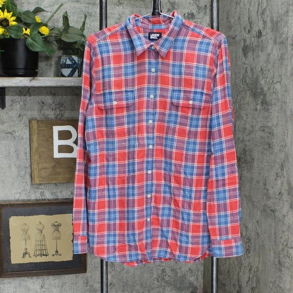 Lands End Tops - Lands' End 2 Button Up Shirt 525786-Sample 2X Tall Washed Indigo / Red Plaid